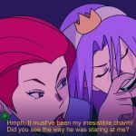  1boy 1girl closed_eyes crown english_text facing_viewer green_earrings hand_up highres kojirou_(pokemon) looking_at_another musashi_(pokemon) pokemon pokemon_(anime) purple_hair red_lips redhead simple_background sinful_hime team_rocket violet_eyes 