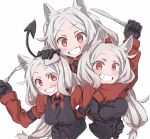  3girls :d animal_ear_fluff animal_ears bangs black_gloves black_neckwear black_tail blush breast_grab breasts cerberus_(helltaker) collared_shirt demon_girl demon_tail dog_ears dog_girl eyebrows_visible_through_hair fang fork gloves grabbing grin hand_on_another&#039;s_head hand_on_breast helltaker highres knife long_hair looking_at_viewer low-tied_long_hair medium_breasts multiple_girls necktie neckwear nwny_psn_ver2 open_mouth red_eyes red_shirt revision shirt siblings simple_background sisters small_breasts smile tail triplets upper_body white_background white_hair 