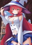  1girl absurdres bare_shoulders blue_choker blue_legwear blue_skirt breasts cape choker cowboy_shot detached_sleeves eyebrows_visible_through_hair hand_on_headwear hat highres little_witch_academia looking_at_viewer medium_breasts navel navel_cutout nicksuslin red_cape red_eyes redhead shiny_chariot short_hair skirt solo thighs vest white_headwear witch_hat 