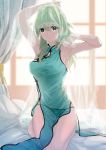  1girl absurdres alternate_costume arms_up bed byleth_(fire_emblem) byleth_eisner_(female) closed_mouth fire_emblem fire_emblem:_three_houses green_eyes green_hair highres ijiro_suika pillow sitting solo veil window 