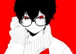  1boy adjusting_eyewear amamiya_ren androgynous closed_mouth fingernails glasses long_sleeves male_focus monochrome persona persona_5 portrait red_background red_eyes red_theme simple_background sleeves_past_wrists solo sweater yasuu! 