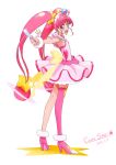  1girl :d ahoge character_name cure_star dated eyebrows_visible_through_hair frilled_skirt frills full_body haruyama_kazunori highres hoshina_hikaru long_hair looking_at_viewer magical_girl open_mouth outstretched_arms pink_eyes pink_footwear pink_legwear precure simple_background single_thighhigh skirt smile solo standing star_twinkle_precure thigh-highs twintails white_background 