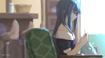  1girl armchair black_dress black_hair blurry blurry_background blush chair closed_mouth commentary_request depth_of_field dress holding indoors light_smile long_hair looking_away magia_record:_mahou_shoujo_madoka_magica_gaiden mahou_shoujo_madoka_magica nanami_yachiyo off-shoulder_dress off_shoulder on_chair profile puffy_short_sleeves puffy_sleeves sewing short_sleeves sidelocks signature sitting solo umiroku violet_eyes 