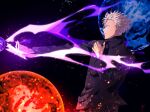  1boy blue_eyes dark_background energy energy_ball gojou_satoru highres jujutsu_kaisen outstretched_arm white_eyelashes white_hair 