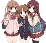  3girls :3 :d achiga_school_uniform atarashi_ako bag beige_sweater black_legwear blue_jacket bow bowtie brown_eyes brown_hair cardigan carrying cherry_blossoms closed_mouth cowboy_shot double_w dress_shirt eyebrows_visible_through_hair girl_sandwich hair_tie hands_on_another&#039;s_shoulders jacket leaning_forward long_hair looking_at_viewer matsumi_kuro miniskirt multiple_girls open_mouth petals pink_sweater plaid plaid_skirt pleated_skirt ponytail red_neckwear red_skirt saki saki_achiga-hen sandwiched school_bag school_uniform shirt shisoneri side-by-side simple_background skirt smile standing striped striped_neckwear sweater takakamo_shizuno thigh-highs track_jacket two_side_up violet_eyes w white_background white_shirt wing_collar zipper 