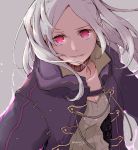  1girl fire_emblem fire_emblem_awakening grey_background grima_(fire_emblem) hood hood_down parted_lips red_eyes robaco robin_(fire_emblem) robin_(fire_emblem)_(female) simple_background solo twintails twitter_username upper_body white_hair 
