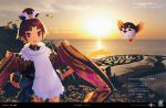  1girl apron backlighting bangs benienma_(fate/grand_order) bird bird_hat blush breasts brown_headwear chopsticks clouds copyright_name dress english_text fate/grand_order fate_(series) feather_trim gradient_hair hair_ornament harada_takehito hat japanese_clothes kimono long_hair long_sleeves looking_at_viewer low_ponytail multicolored_hair ocean official_art open_mouth outdoors parted_bangs ponytail red_eyes red_kimono redhead rising_sun scenery sky sleeves_past_wrists smile solo sparrow standing sun sunburst sunset twilight upper_body very_long_hair white_apron white_dress wide_sleeves 
