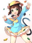  1girl :d animal_ear_fluff animal_ears azur_lane brown_hair buttons candy cat_ears cat_girl cat_tail eyebrows_visible_through_hair fang food gradient gradient_background green_eyes hat hat_ornament kindergarten_uniform legs_apart lifebuoy_hair_ornament lollipop long_sleeves miniskirt mutsuki_(azur_lane) neckerchief open_mouth outstretched_arm pleated_skirt sailor_collar school_hat short_hair skirt smile solo tail tail_raised v-shaped_eyebrows white_sailor_collar yellow_headwear yellow_neckwear yellow_skirt youhei_64d 