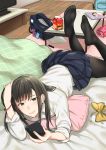  1girl back backpack bag bed black_eyes black_hair black_legwear bowtie_removed cellphone highres kyuuso_inukami long_hair lying on_stomach original pantyhose phone pillow school_bag school_uniform smartphone smile solo television 