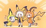  3girls ;d bangs beni_shake black_dress black_legwear blonde_hair blush bow braid brown_background brown_eyes chibi closed_mouth collarbone commentary_request cosplay dress eyebrows_visible_through_hair fate/grand_order fate_(series) gen_1_pokemon gen_2_pokemon hair_between_eyes hair_bow heart highres hood hood_up hooded_jacket jacket jeanne_d&#039;arc_(alter)_(fate) jeanne_d&#039;arc_(fate) jeanne_d&#039;arc_(fate)_(all) jeanne_d&#039;arc_alter_santa_lily long_hair multiple_girls no_shoes notice_lines one_eye_closed open_mouth orange_jacket outline parted_lips pichu pichu_(cosplay) pichu_ears pikachu pikachu_(cosplay) pikachu_ears pikachu_tail pokemon_ears raichu raichu_(cosplay) shadow signature smile socks sparkle sparkle_background standing tail thigh-highs very_long_hair white_bow white_hair white_legwear white_outline yellow_jacket 