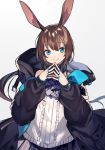  1girl amiya_(arknights) animal_ears arknights ascot black_jacket blue_eyes brown_hair frills hands_up jacket jewelry long_hair long_sleeves looking_at_viewer multiple_rings off_shoulder open_clothes open_jacket own_hands_together pleated_skirt ponytail puffy_sleeves rabbit_ears ring shirt shugao simple_background skirt sleeveless sleeveless_shirt smile solo steepled_fingers upper_body white_background white_shirt 