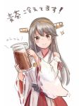  1girl bare_shoulders brown_eyes detached_sleeves grey_hair hair_ornament hairclip haruna_(kantai_collection) headgear holding_jug kantai_collection long_hair looking_at_viewer nontraditional_miko remodel_(kantai_collection) simple_background smile solo white_background wss_(nicoseiga19993411) 