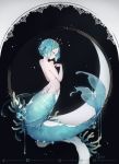  1other :o androgynous aqua_eyes aqua_hair artist_name back black_background coral crescent crystal fins full_body houseki_no_kuni looking_away looking_down mermaid monster_girl nude phosphophyllite quiss short_hair solo sparkle tiara water_drop watermark web_address 