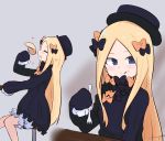  1girl :d :q abigail_williams_(fate/grand_order) bangs black_bow black_dress black_headwear blonde_hair bloomers blue_eyes blush bow bug butterfly closed_eyes commentary_request dress drooling fate/grand_order fate_(series) feet_out_of_frame food food_on_face fork hair_bow hat heart highres holding holding_fork insect kujou_karasuma long_hair long_sleeves multiple_views open_mouth orange_bow parted_bangs polka_dot polka_dot_bow saliva sitting sleeves_past_fingers sleeves_past_wrists smile table tongue tongue_out underwear very_long_hair white_bloomers 