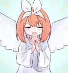  1girl :d angel_wings bangs blue_background blush closed_eyes commentary eyebrows_behind_hair facing_viewer feathered_wings go-toubun_no_hanayome hair_between_eyes hair_ribbon hands_together hands_up highres kujou_karasuma long_sleeves nakano_yotsuba open_mouth own_hands_together palms_together ribbon robe smile solo sparkle symbol_commentary upper_body white_ribbon white_robe white_wings wide_sleeves wings 