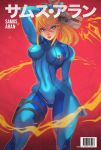  1girl arm_up ass_visible_through_thighs blonde_hair blue_bodysuit blue_eyes bodysuit breasts cover covered_navel cowboy_shot edwin_huang fake_magazine_cover fire gun hair_between_eyes holding holding_gun holding_weapon holster impossible_bodysuit impossible_clothes lips long_hair magazine_cover medium_breasts metroid mole mole_under_mouth paralyzer ponytail samus_aran skin_tight solo standing super_smash_bros. thick_thighs thigh_holster thighs trigger_discipline weapon wristband zero_suit 
