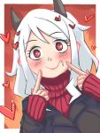  1girl black_horns blush demon_horns hands_up heart heart-shaped_pupils helltaker highres horns kuhn_(happycat) looking_at_viewer modeus_(helltaker) red_eyes red_sweater ribbed_sweater smile solo sweater symbol-shaped_pupils turtleneck turtleneck_sweater upper_body white_hair 
