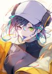  1girl :d absurdres arknights asbestos_(arknights) bangs baseball_cap blue_hair blue_tongue breasts commentary fangs fanshu green_eyes hair_between_eyes hat heterochromia highres jacket large_breasts looking_at_viewer multicolored_hair open_clothes open_jacket open_mouth pink_eyes purple_hair short_hair simple_background smile solo streaked_hair tongue tongue_out upper_body white_background white_headwear yellow_jacket 