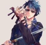  1boy blue_hair earphones gintama holding holding_sword holding_weapon instrument jacket jewelry kawakami_bansai necklace short_hair solo string sunglasses sword weapon yukino_ichigo 