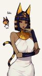  1girl :&lt; absurdres animal_ears bare_shoulders breasts cat_ears cat_tail character_name commentary dark_skin dress egyptian_clothes ennuigrl highres humanization large_breasts lips looking_to_the_side nile_(doubutsu_no_mori) original purple_hair short_hair simple_background tail white_dress yellow_background 