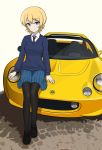  1girl absurdres bangs brick_floor car closed_mouth commentary darjeeling_(girls_und_panzer) eyebrows_visible_through_hair girls_und_panzer ground_vehicle highres kano_(nakanotakahiro1029) logo looking_at_viewer lotus_(brand) lotus_cars lotus_elise motor_vehicle no_emblem on_vehicle shadow short_hair simple_background sitting smile solo white_background 