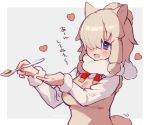  1girl alpaca_ears alpaca_suri_(kemono_friends) alpaca_tail animal_ears beige_vest blue_eyes commentary_request eyebrows_visible_through_hair fur_collar fur_trim hair_bun hair_over_one_eye hair_tubes heart ichi001 kemono_friends long_sleeves neck_ribbon red_neckwear ribbon shirt short_hair solo spoon tail translation_request white_fur white_hair white_shirt 