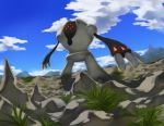  blue_sky clouds cloudy_sky commentary creature day english_commentary full_body gen_3_pokemon grass legendary_pokemon no_humans outdoors pinkgermy pokemon pokemon_(creature) registeel rock sky solo standing 