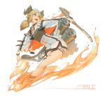  1girl absurdres arknights breasts character_name chen_zhang commentary_request eyebrows_visible_through_hair fang fire gun highres horns ifrit_(arknights) looking_to_the_side no_tail orange_eyes originium_(arknights) platinum_blonde_hair short_hair slit_pupils small_breasts solo thighs weapon white_background 