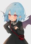  1girl artist_name bag bangs bat_wings black_bow black_ribbon blue_hair blush bow collared_dress eyebrows_visible_through_hair fang frilled_shirt_collar frilled_sleeves frills gotoh510 hand_on_hip hand_on_own_chest hand_up handbag highres long_sleeves looking_at_viewer nail_polish no_hat no_headwear pointy_ears red_eyes red_nails remilia_scarlet ribbon short_hair signature simple_background solo touhou white_background wings 