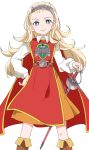  1girl anlucea blonde_hair blue_eyes blush boots brown_footwear cape closed_mouth dragon_quest dragon_quest_x hairband ixy long_hair long_sleeves looking_at_viewer red_cape simple_background smile solo standing sword weapon white_background white_sleeves 