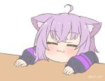  1girl :3 ^_^ ahoge animal_ear_fluff animal_ears cat_ears closed_eyes closed_mouth english_commentary eyebrows_visible_through_hair hololive kukie-nyan long_sleeves nekomata_okayu purple_hair short_hair sleeves_past_wrists solo table twitter_username upper_body virtual_youtuber 