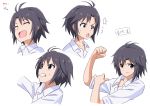  1girl absurdres ahoge black_hair clenched_teeth expressions flexing highres idolmaster kikuchi_makoto oolong_tea open_mouth portrait pose shirt short_hair smile solo sweatdrop teeth variations white_background 