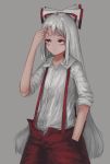  1girl arm_up baggy_pants bangs bow closed_mouth collared_shirt commentary_request fjsmu fujiwara_no_mokou grey_background hair_bow hand_in_pocket highres long_hair long_sleeves looking_up pants red_eyes red_pants shirt sidelocks silver_hair simple_background sleeves_pushed_up solo standing suspenders touhou very_long_hair white_bow white_shirt 