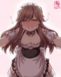  1girl alternate_costume apron arashio_(kantai_collection) artist_logo black_skirt brown_eyes brown_hair commentary_request cowboy_shot dated detached_collar detached_sleeves enmaided frilled_apron frilled_shirt frilled_skirt frills garter_straps highres kanon_(kurogane_knights) kantai_collection long_hair looking_at_viewer maid parted_lips shirt skirt smile solo thigh-highs waist_apron white_apron white_legwear 