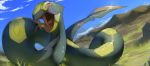  blue_sky brown_eyes clouds commentary creature day english_commentary fangs gen_3_pokemon grass no_humans outdoors pinkgermy pokemon pokemon_(creature) rock seviper sky snake solo 