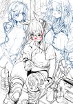  3girls animal_ears bottle breasts defender_(girls_frontline) drinking drinking_straw flower girls_frontline glasses hair_flower hair_ornament highres iapoc js_9_(girls_frontline) large_breasts long_hair mechanical_parts multiple_girls repairing short_hair sketch small_breasts toolbox tools type_88_(girls_frontline) 