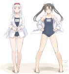  1girl blue_swimsuit brown_eyes competition_school_swimsuit dark_green_hair dress_shirt flat_chest full_body green_eyes hairband kantai_collection kawashina_(momen_silicon) long_hair looking_at_viewer namesake school_swimsuit shirt shoukaku_(kantai_collection) simple_background solo standing swimsuit twintails white_background white_hair white_shirt zuikaku_(kantai_collection) 