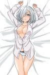  1girl absurdres blue_eyes breasts collarbone cowboy_shot dress_shirt hair_ornament hair_over_one_eye hairclip hamakaze_(kantai_collection) highres kantai_collection large_breasts long_sleeves looking_at_viewer lying maonatten on_back open_clothes panties shirt short_hair silver_hair solo striped striped_panties underwear white_shirt 