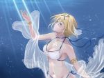  1girl air_bubble artist_request azur_lane bikini blonde_hair blue_choker blue_eyes blue_ribbon breasts bubble choker hair_between_eyes hair_bun hair_ornament hair_ribbon halterneck highres jeanne_d&#039;arc_(azur_lane) jeanne_d&#039;arc_(movie_set_saintess)_(azur_lane) long_hair medium_breasts pubic_tattoo ribbon see-through swimsuit tattoo water white_bikini 