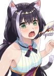  1girl amethyst_(gemstone) animal_ears bangs bare_shoulders beppu_mitsunaka black_hair blush brooch cat_ears cat_girl cat_tail collarbone eyebrows_visible_through_hair feeding food gem gloves green_eyes highres holding holding_food jewelry karyl_(princess_connect!) multicolored_hair open_mouth princess_connect! princess_connect!_re:dive simple_background solo_focus streaked_hair tail tears upper_body v-shaped_eyebrows white_background white_gloves white_hair 
