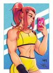  1girl artist_name biceps bike_shorts border brigitte_(overwatch) brown_eyes brown_hair cellphone collaboration forehead freckles gloves hair_ornament hairclip holding holding_phone iahfy lips long_hair messy_hair muscle muscular_female navel outside_border overwatch phone ponytail self_shot shorts shoulder_tattoo sidelocks single_glove smartphone sports_bra stomach taking_picture tattoo thick_eyebrows vashperado white_border yellow_shorts yellow_sports_bra 