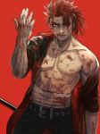  1boy arm_up bandages bangs belt blood blood_on_face bloody_clothes bloody_hands bruise chest chinese_clothes collar fate/extra fate/grand_order fate_(series) hair_ornament hair_over_one_eye holding injury kusarebon li_shuwen_(fate) long_hair looking_at_viewer makeup male_focus muscle nipples one_eye_closed open_mouth pants partially_undressed polearm ponytail red_background redhead toned toned_male upper_body weapon 
