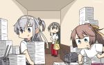  2others 3girls alternate_costume black_hair brown_eyes brown_hair clothes_writing commentary_request dated grey_eyes grey_eyes hair_ribbon hairband hallway hamu_koutarou haruna_(kantai_collection) headband headgear highres kantai_collection kazagumo_(kantai_collection) long_hair multiple_girls multiple_others one_side_up pants paper_stack ponytail purple_pants red_pants ribbon shirt silver_hair suzutsuki_(kantai_collection) t-shirt track_pants white_headband white_shirt 