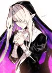  1girl absurdres closed_mouth elf fingernails hair_over_one_eye hands_together highres long_fingernails long_hair mayutsuba_mono nun original pointy_ears praying simple_background smile solo violet_eyes white_background white_hair 