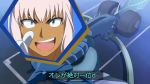  1girl bangs blue_eyes caenis_(fate) car carnival_phantasm colored_text dark_skin dialogue_box fate/grand_order fate_(series) ground_vehicle harzola motor_vehicle open_mouth parody pointing pointing_at_self short_hair sidelocks teeth tongue translation_request white_hair 