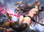 1girl absurdres animal_ears arm_up armored_boots ass back backless_outfit bare_shoulders black_gloves black_legwear boots brown_hair cape elbow_gloves erune fingerless_gloves frills gloves granblue_fantasy grey_eyes hair_ornament highres holding long_hair looking_at_viewer looking_back metera_(granblue_fantasy) mole mole_under_mouth neonbeat solo sword thigh-highs very_long_hair weapon 