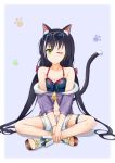  1girl animal_ear_fluff animal_ears bangs bare_shoulders black_hair blue_background blush breasts cat_ears cat_girl cat_tail collarbone commentary eyebrows_visible_through_hair green_eyes highres karyl_(princess_connect!) kuronuketaiyo long_hair looking_at_viewer low_twintails multicolored_hair navel off-shoulder_jacket off_shoulder open_clothes open_shorts paw_print princess_connect! princess_connect!_re:dive short_shorts shorts simple_background sitting smile solo streaked_hair swimsuit tail twintails very_long_hair white_hair 