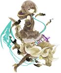  1girl absurdres bangs bare_shoulders boots bow_(weapon) brown_dress brown_footwear brown_gloves brown_hair brown_legwear commentary_request dress elbow_gloves eyebrows_visible_through_hair eyepatch gloves green_eyes gretel_(sinoalice) high_heel_boots high_heels highres holding holding_bow_(weapon) holding_weapon hood hood_down looking_at_viewer looking_to_the_side parted_lips short_hair simple_background sinoalice sleeveless sleeveless_dress smile solo spine thigh-highs thigh_boots tsukiyo_(skymint) weapon white_background 