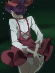  1girl arms_behind_back ass choker dress from_behind gegege_no_kitarou hair_ribbon haruyama_kazunori nekomusume nekomusume_(gegege_no_kitarou_6) panties purple_hair red_choker red_dress red_ribbon ribbon shirt short_hair solo underwear white_panties white_shirt 