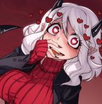  1girl blush breasts cluseller demon_girl demon_horns demon_tail eyebrows_visible_through_hair fangs fingernails heart heart-shaped_pupils helltaker horns large_breasts long_hair long_sleeves looking_at_viewer modeus_(helltaker) pointy_ears red_eyes ribbed_sweater sharp_fingernails sleeves_past_wrists solo sweater symbol-shaped_pupils tail teeth upper_body wavy_hair white_hair 